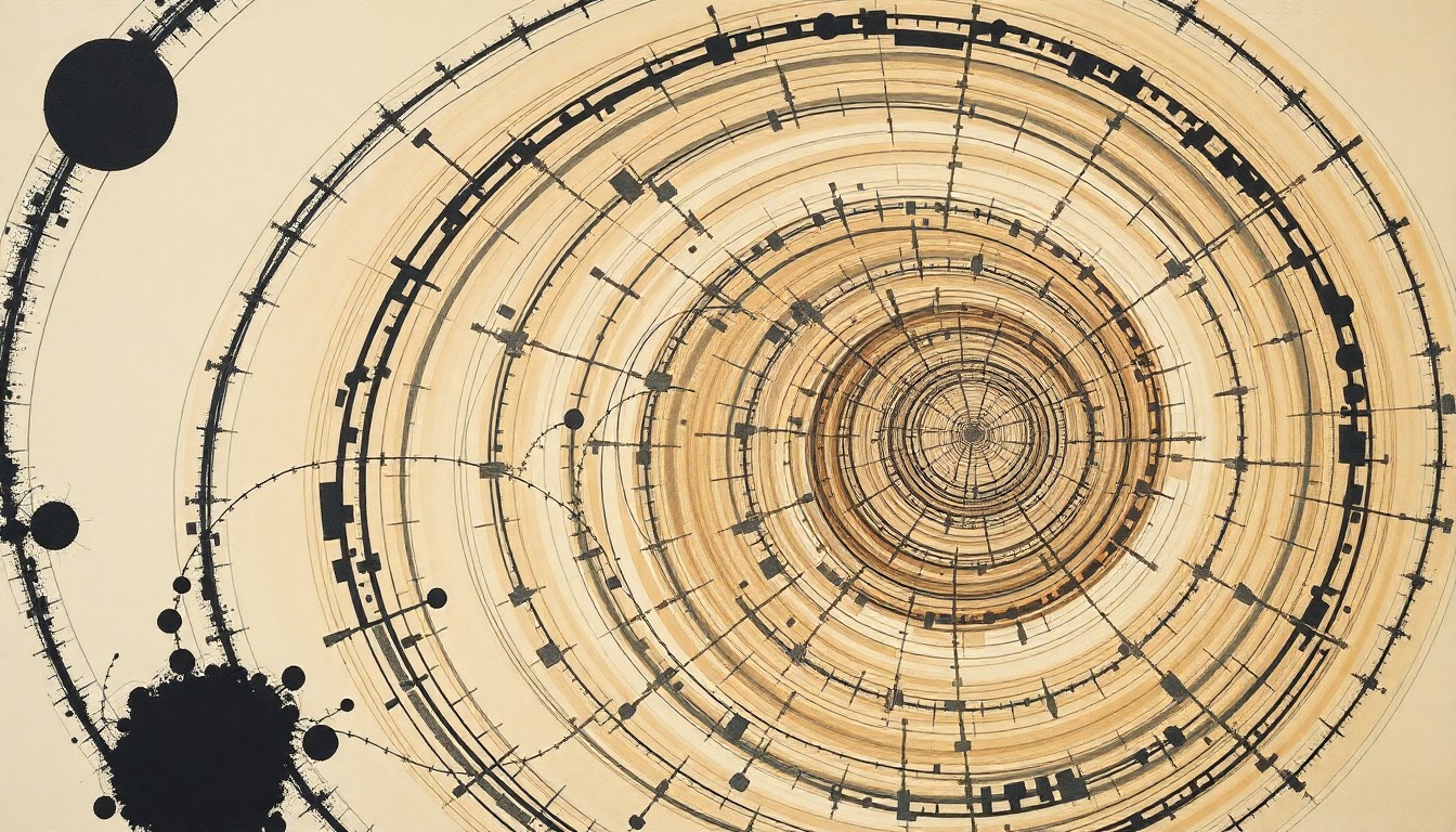 A bold, abstract painting in muted earth tones and shades of gray, featuring sweeping geometric arcs, concentric circles, and precise botanical or physical spirals, conceptually representing the structural complexity and scale of the environmental challenges at the former Peck Iron and Metal Superfund site.