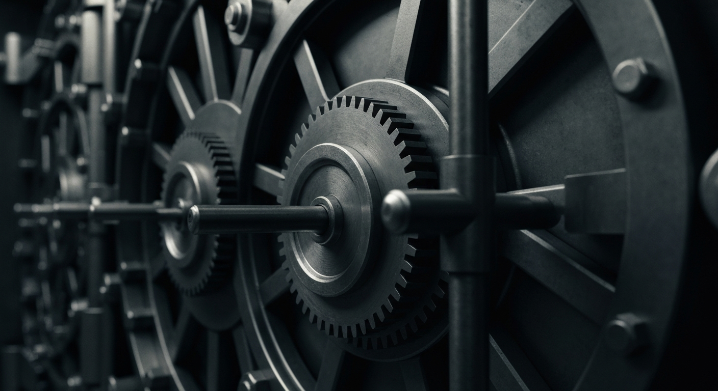 An extreme close-up of the heavy, industrial mechanisms of a bank vault door, conveying a sense of institutional power and financial security, yet also the potential for hidden risks.