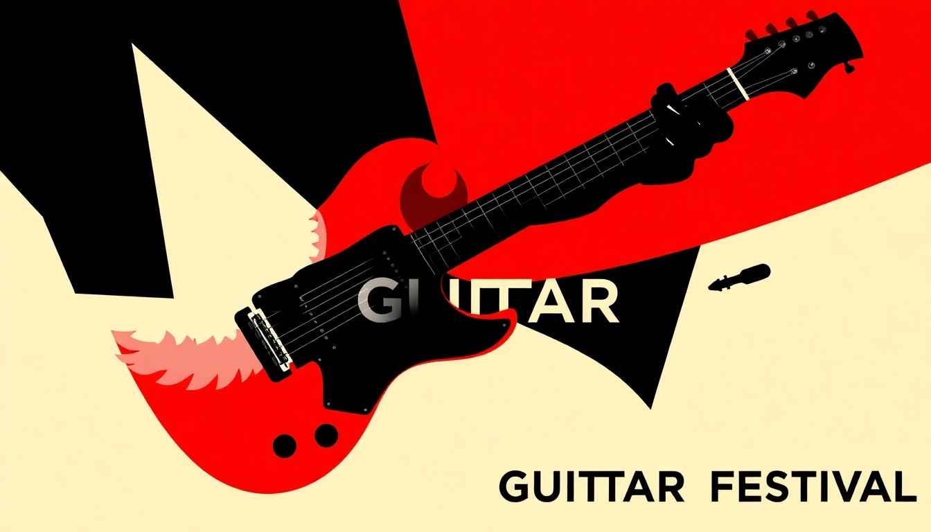 A minimalist, abstract illustration featuring jagged geometric shapes and bold silhouettes in high-contrast red and white, conceptually representing the electric guitar and the diverse musical styles that will be showcased at the Brooklyn Guitar Festival.