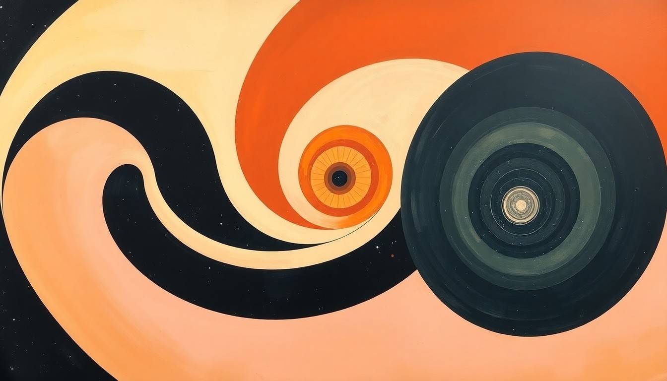 A bold, abstract painting in soft blues, greens, and oranges featuring sweeping geometric arcs, concentric circles, and precise botanical spirals, conceptually representing the complex forces and concepts of deep space exploration.