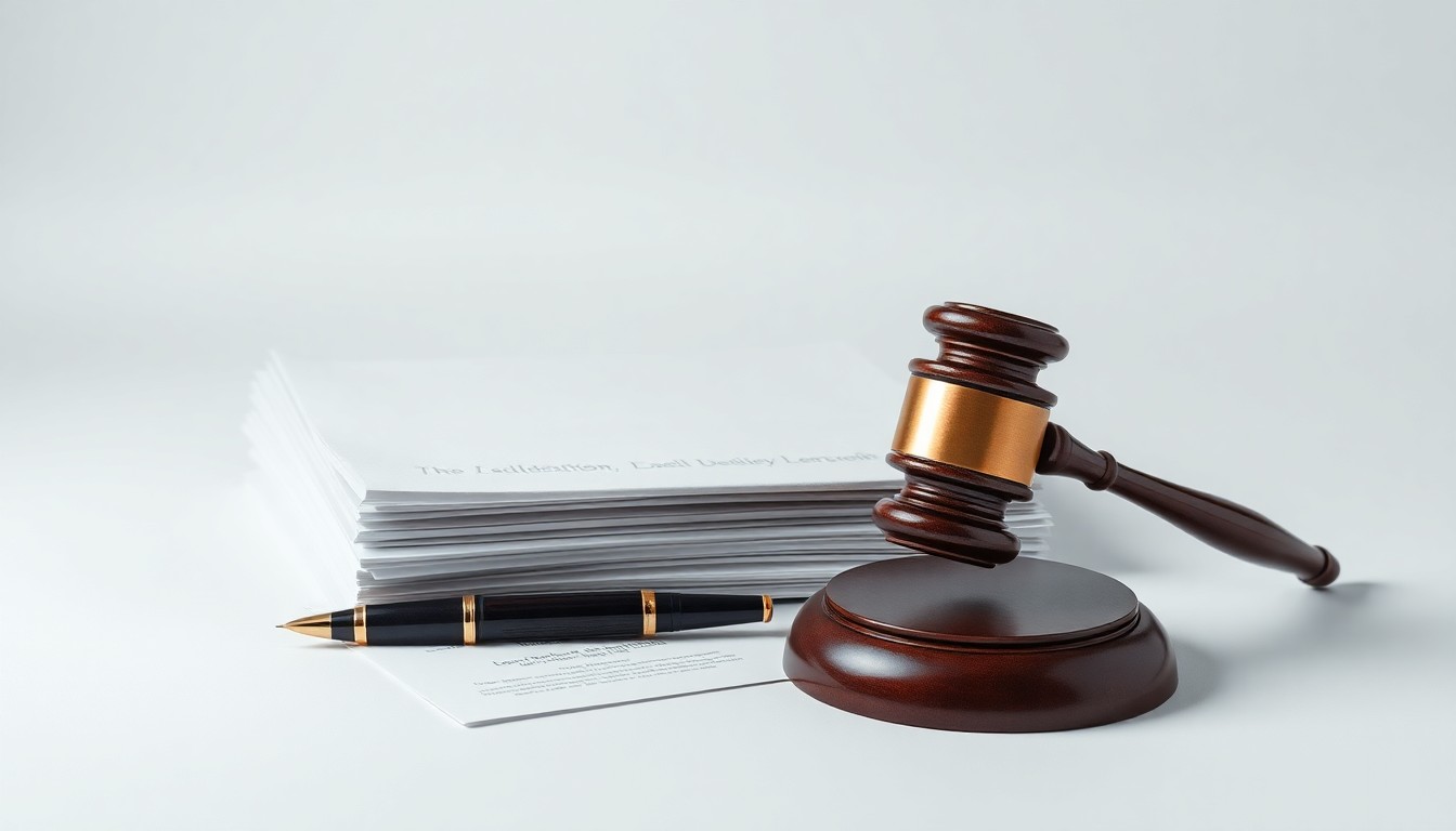 A minimalist, high-contrast studio photograph featuring a stack of legal documents, a fountain pen, and a gavel, symbolizing the prestige and influence of law firm leadership.