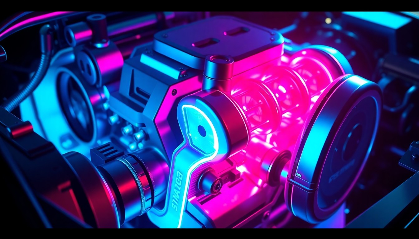 A highly detailed, glowing 3D macro illustration of a futuristic racing car engine, its internal components illuminated by neon cyan and magenta lights, conceptually representing the technological innovation and digital integration of fan likenesses into the world of Gran Turismo 7.