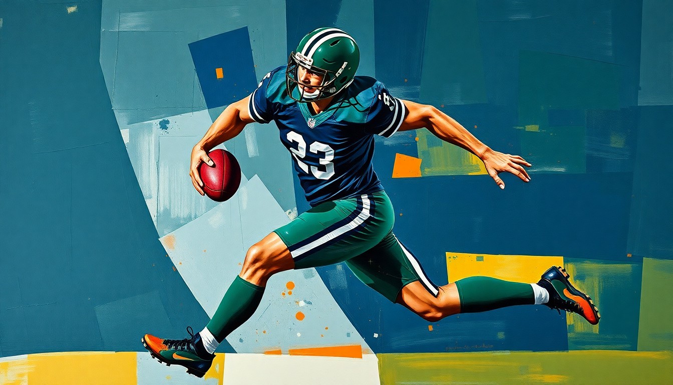 A fragmented, geometric painting depicting the distorted form of a football player, conveying the devastating impact of repetitive brain injuries in contact sports.