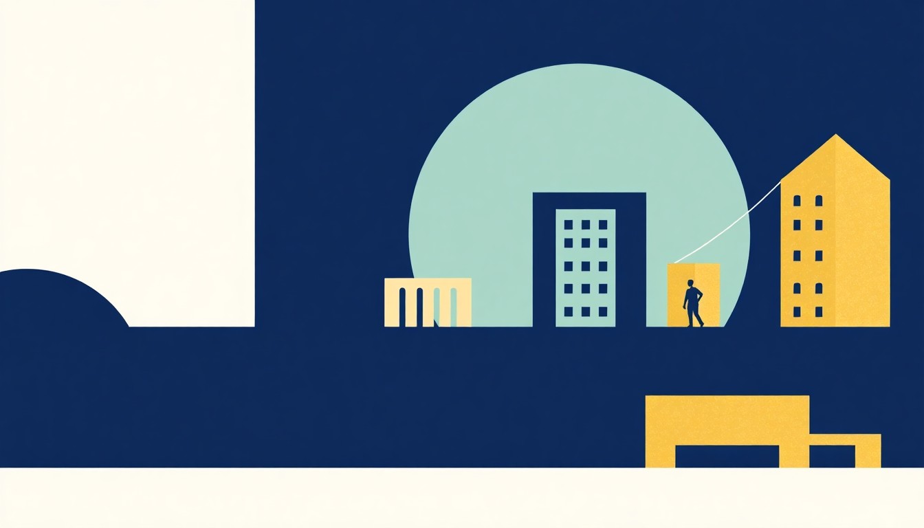 An abstract illustration composed of overlapping triangles and rectangles in navy blue, teal, and gold, conveying the conceptual ideas of economic development, regional growth, and public-private collaboration.