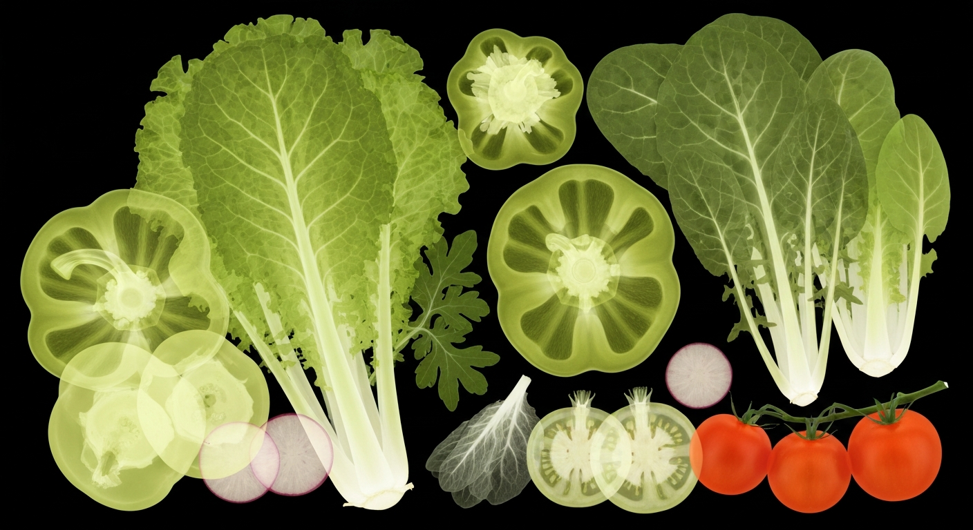 A translucent X-ray photograph showing the internal structures of various fresh fruits and vegetables, including leafy greens, bell peppers, and tomatoes, against a dark background, conceptually illustrating the nutritional value of plant-based foods.