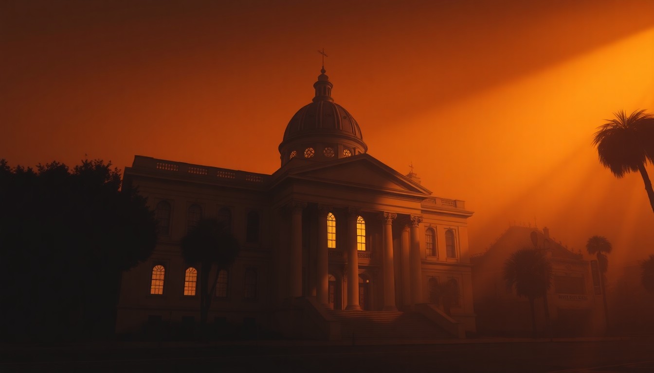 A photorealistic painting of the front of San Francisco City Hall, with the building bathed in warm, golden light and deep shadows, creating a contemplative, cinematic mood.