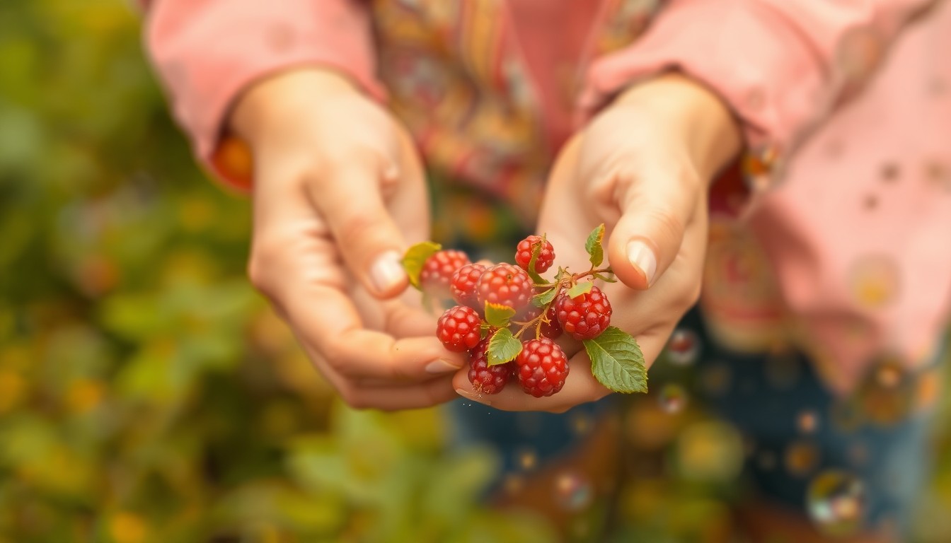 An impressionistic, blurred image of hands reaching into a bush to pick wild berries, conveying the tactile experience of foraging in a natural setting.