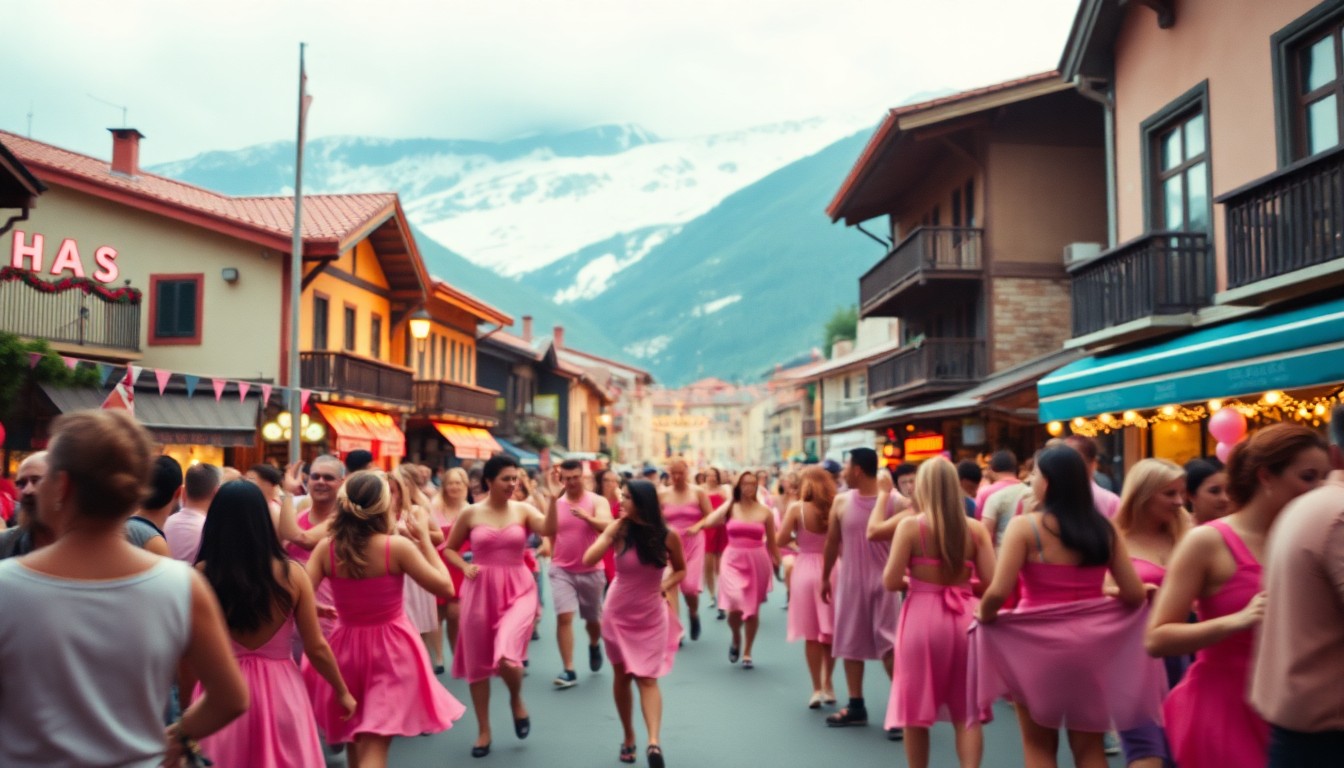 An abstract, out-of-focus photograph in soft, warm tones depicting a crowd of people dressed in pink, dancing and celebrating on the streets of a mountain town.