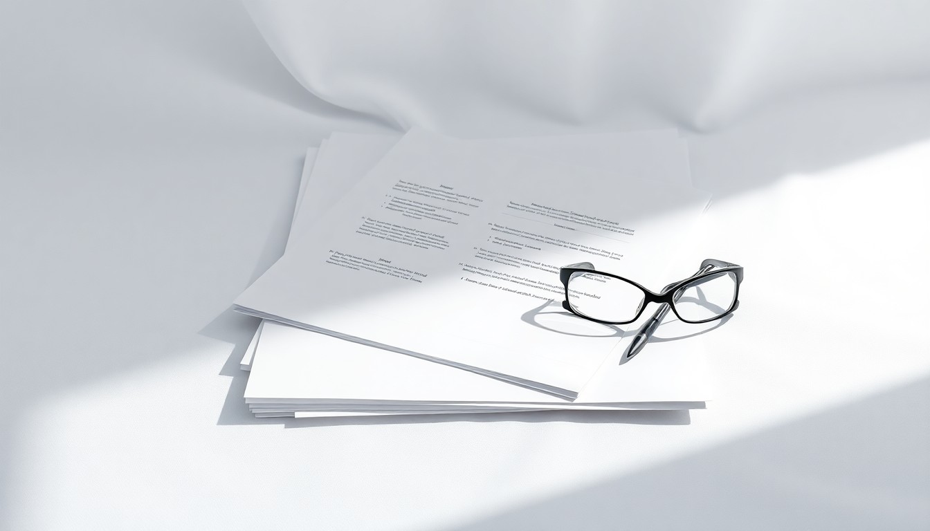 A high-end, photorealistic studio still-life photograph featuring a stack of medical research documents, a pen, and a pair of reading glasses arranged elegantly on a clean, white seamless background, conceptually representing the abstract concepts of pharmaceutical strategy and medical innovation.