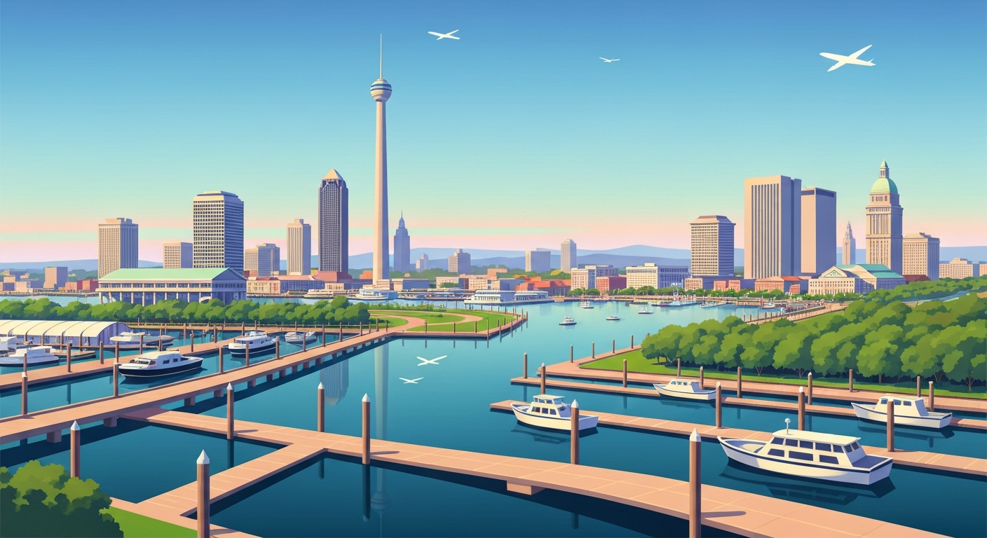 A highly stylized, geometric illustration depicting the Charleston skyline and harbor in bold, sweeping lines and gradients, capturing the grand scale and romance of travel without any literal depictions of people, buildings, or text.