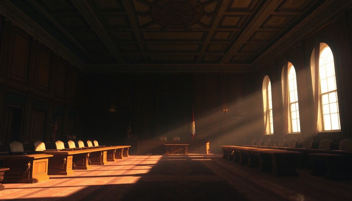 A dimly lit, cinematic painting of an empty government office or committee room, with warm, diagonal sunlight and deep shadows, conveying a sense of quiet contemplation and political deliberation.