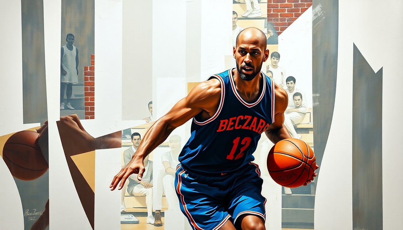 A fragmented, cubist-style painting depicting the dynamic movements of a basketball player, with sharp geometric shapes and planes in shades of blue, orange, and green conveying the energy and intensity of the sport.