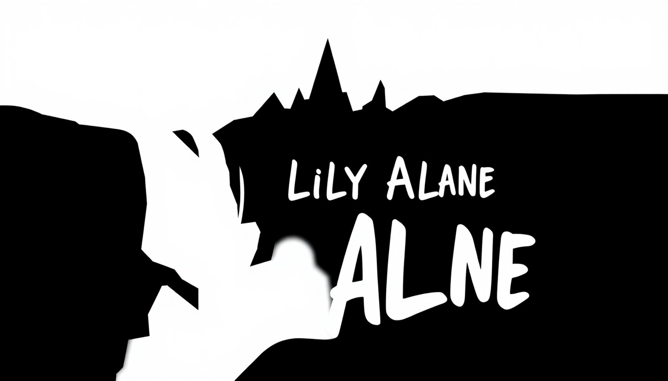 An abstract, minimalist illustration featuring a bold, jagged black silhouette representing the iconic shape of Niagara Falls, with the name 'Lily Allen' subtly integrated into the design using geometric shapes and high-contrast black and white tones.