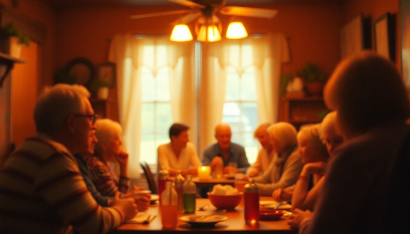 An abstract, out-of-focus photograph in warm tones, depicting a cozy indoor scene with blurred details, conveying the sense of a close-knit community coming together.
