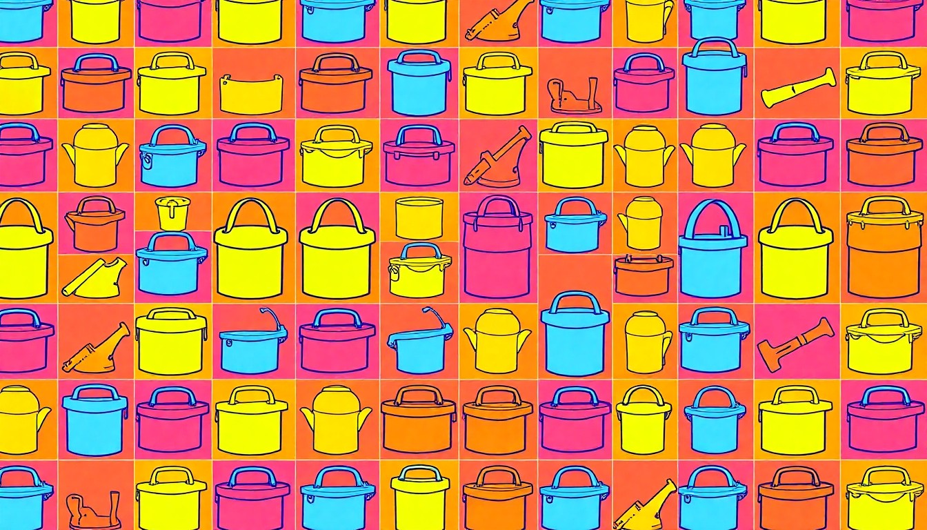 A high-contrast, silkscreen-style illustration of a paint can repeated in a grid pattern, using vibrant neon colors and heavy black outlines to create a modern pop art representation of a home improvement project.