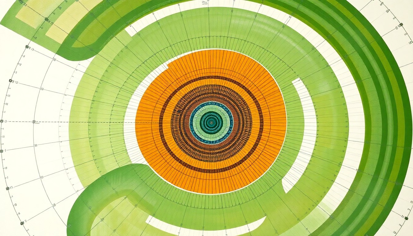 A bold, abstract painting in muted earth tones depicting a complex, interlocking system of geometric shapes and organic forms, conceptually representing the solar energy infrastructure powering a county courthouse.