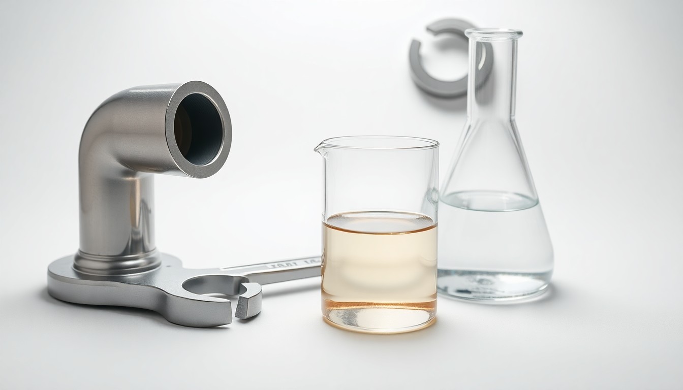 A photorealistic studio still life featuring polished metal and glass objects arranged to symbolize the engineering, construction, and refining processes involved in a new energy infrastructure project.