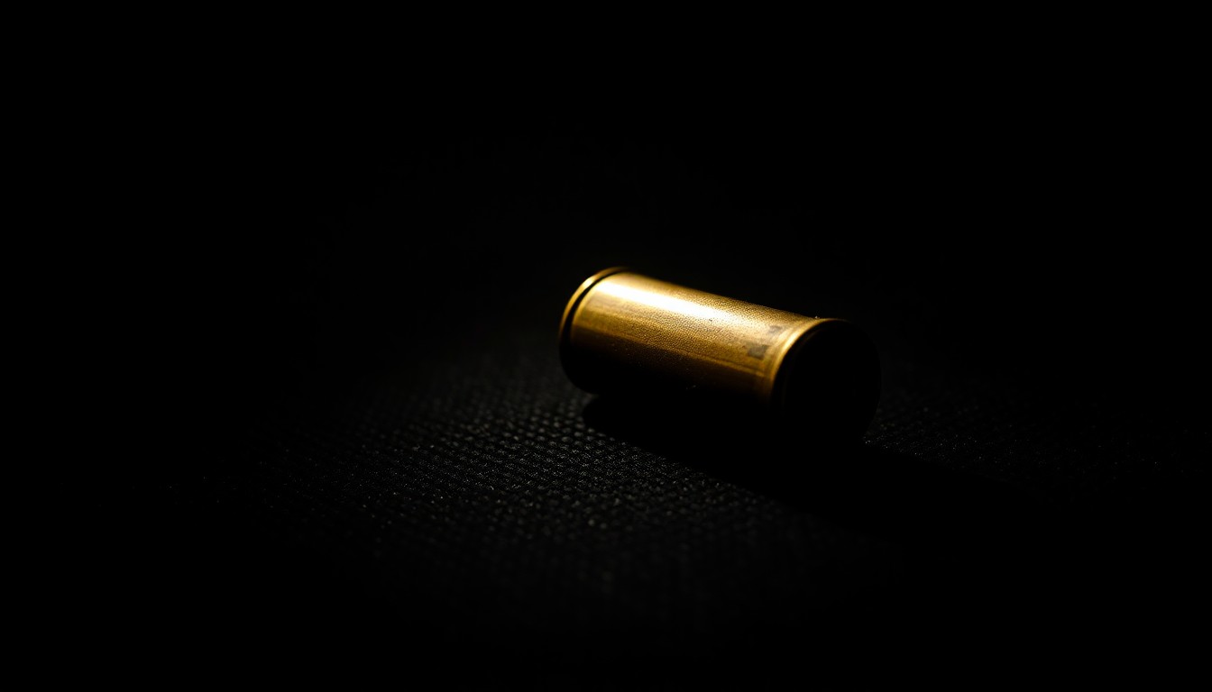An extreme close-up photograph of a spent shell casing on a dark, textured surface, lit by a harsh, direct camera flash, conceptually representing the evidence of a drive-by shooting incident.