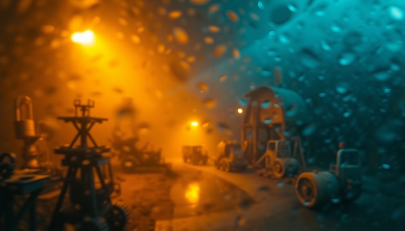 An extremely abstracted, out-of-focus photograph in warm, hazy tones, depicting a dimly lit scene of mining equipment and structures, conceptually representing the atmospheric and historic nature of the upcoming lecture.