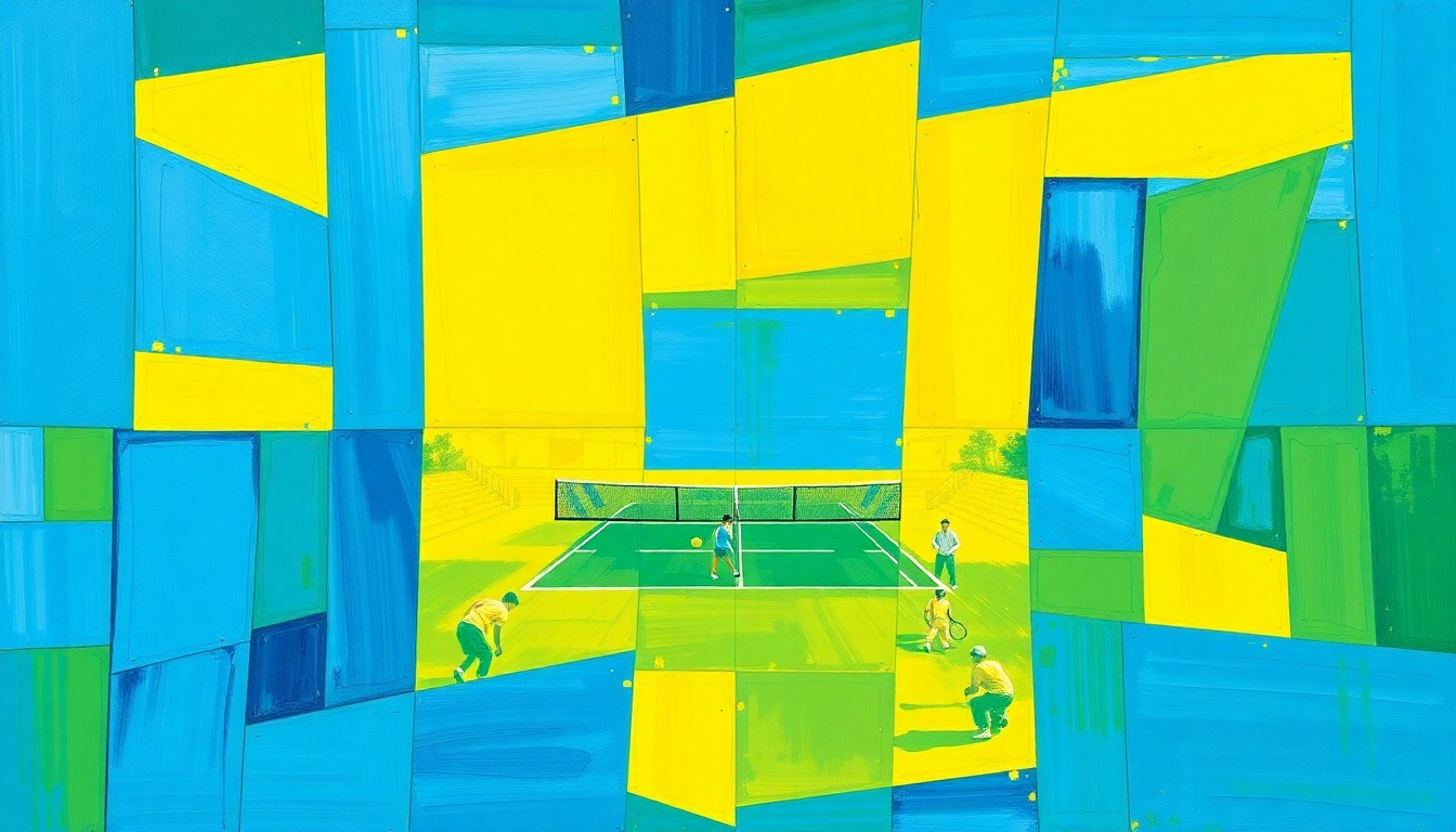 A fragmented, geometric painting depicting the dynamic movements and competitive energy of a college tennis match, with overlapping planes of bright blue, yellow, and green.