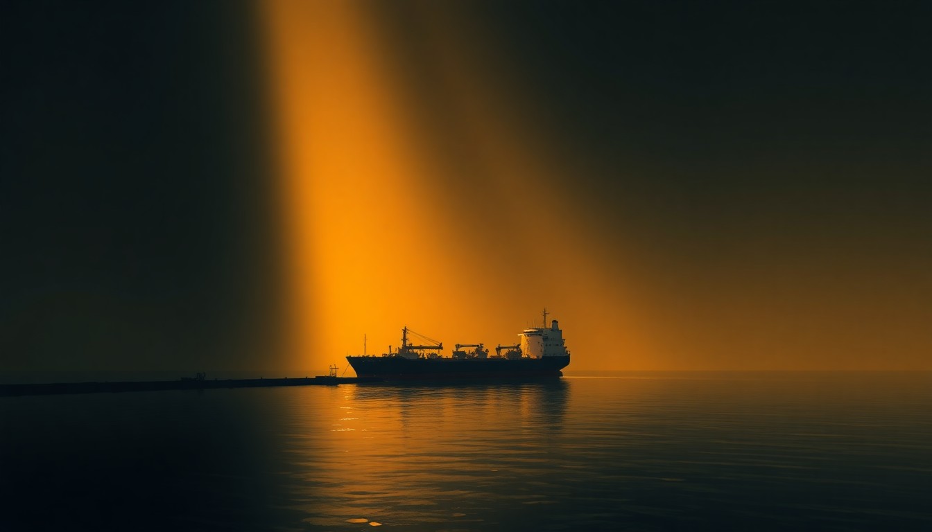 A serene, cinematic painting of an oil tanker docked at Kharg Island, the warm sunlight and deep shadows creating a sense of quiet tension and vulnerability.