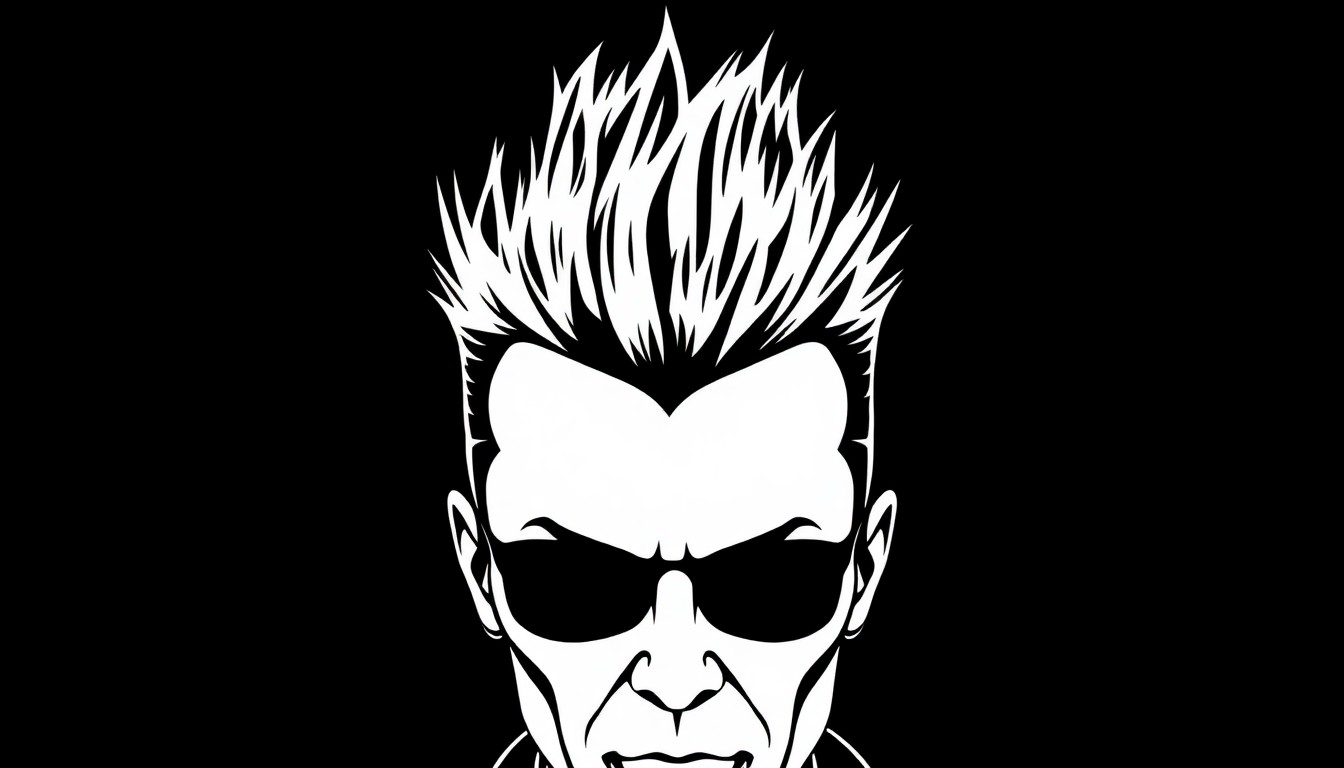 A striking black and white silhouette illustration depicting the iconic spiked hairstyle and angular facial features of legendary punk rocker Billy Idol.
