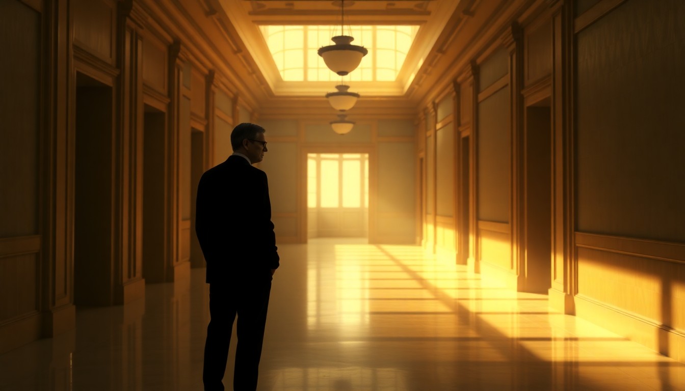 A cinematic painting of a solitary figure in a dimly lit government building hallway, the warm diagonal sunlight casting deep shadows and a sense of unease, conceptually representing the political tensions surrounding Bill Gates' upcoming testimony on his connections to Jeffrey Epstein.