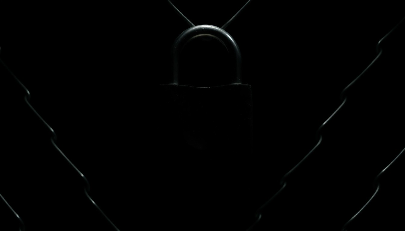 An extreme close-up of a heavy-duty padlock on a chain-link fence, the metal surface reflecting the harsh light of the camera flash against a dark background, conveying a sense of heightened security and vigilance.