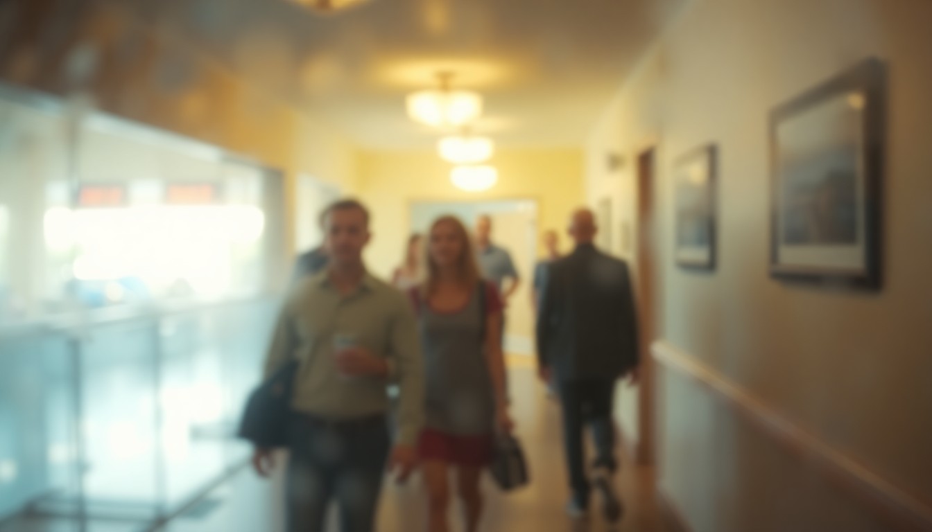 An abstract, impressionistic scene of people moving through a softly lit motel interior, conveying a sense of warmth, community, and new beginnings.