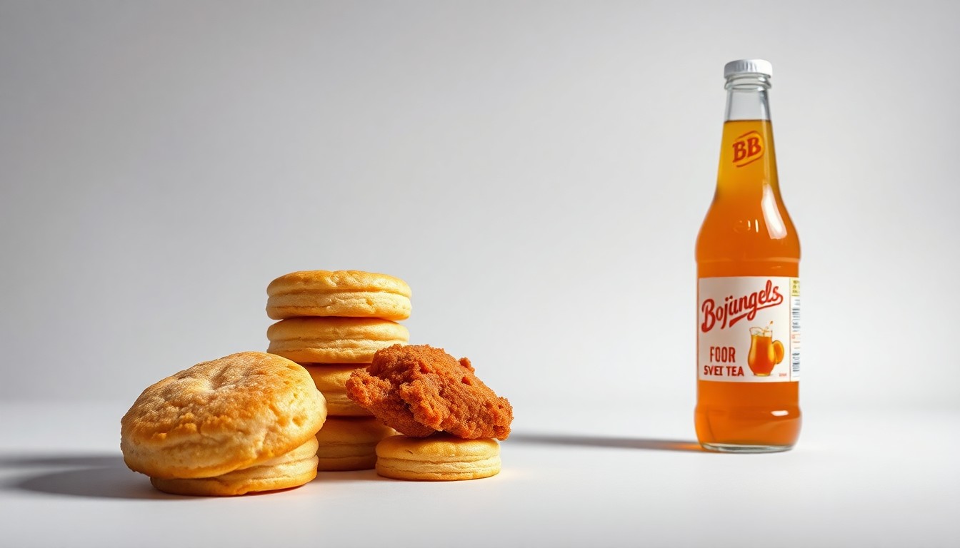 A high-end, photorealistic studio still-life photograph featuring a stack of golden-brown buttermilk biscuits, a crispy fried chicken thigh, and a bottle of sweet tea, conceptually representing the premium quality and Southern charm of the Bojangles brand.