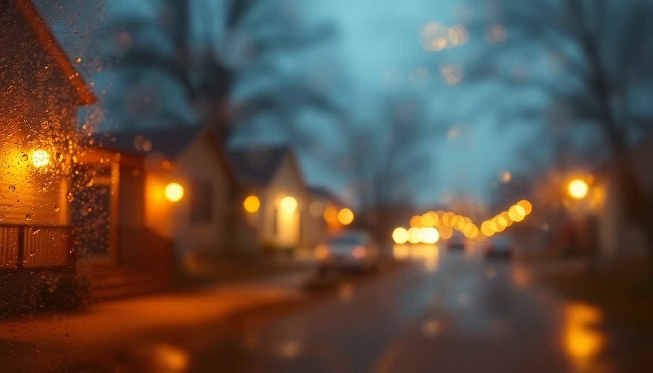 An impressionistic, out-of-focus scene of warm, glowing light and soft color, conveying the comforting atmosphere of a small-town home and community.