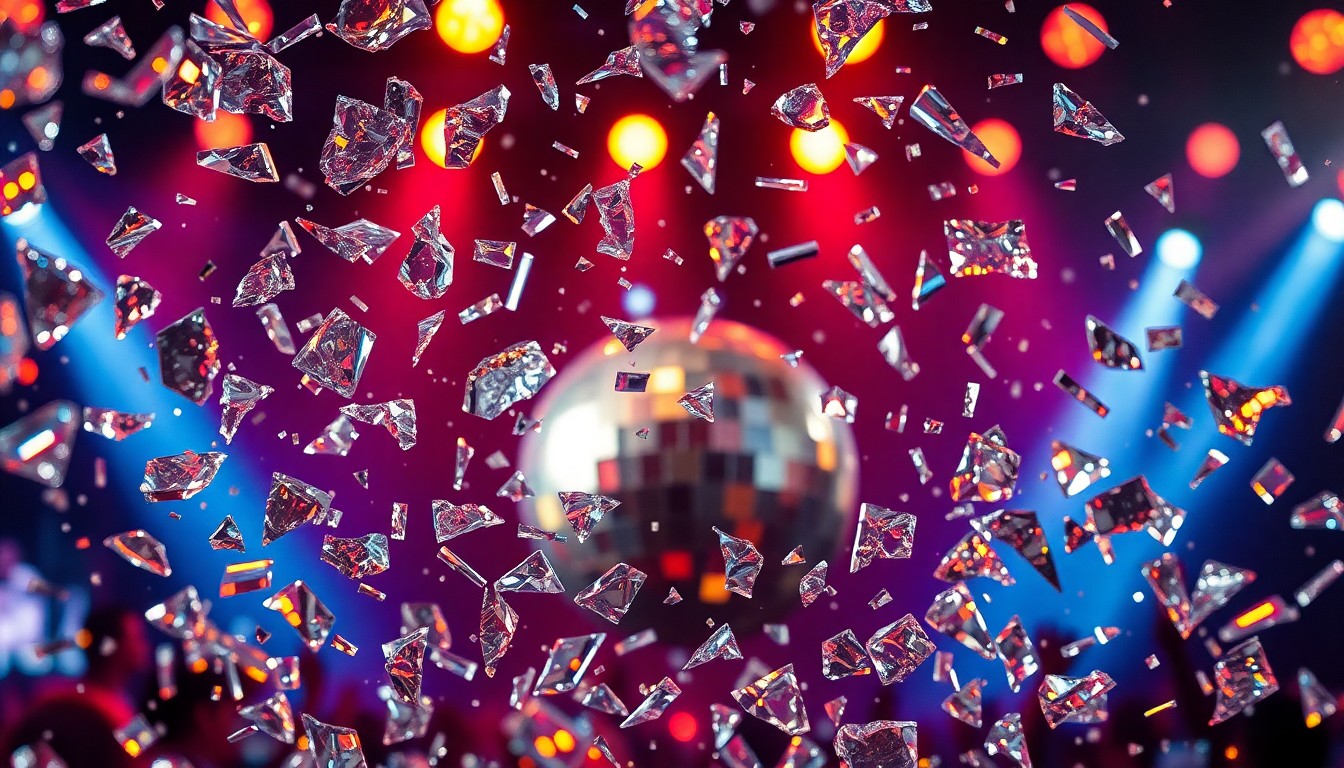 An abstract close-up photograph of shattered, glittering glass fragments reflecting bright stage lights, conveying the glamour and energy of a rock music performance.