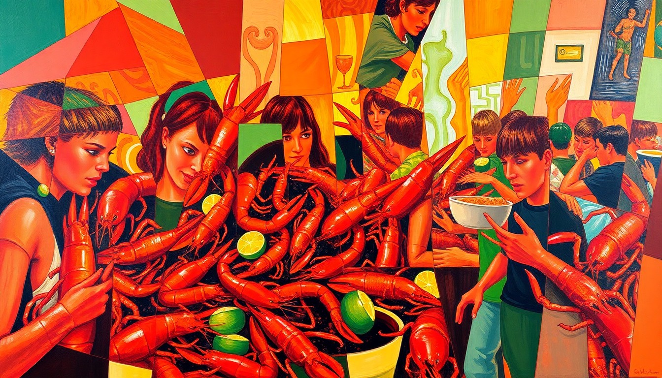 A fragmented, geometric painting in bold, vibrant colors depicting the lively scene of a crawfish boil, with overlapping planes and shapes representing the energy and community of the annual Saints event.