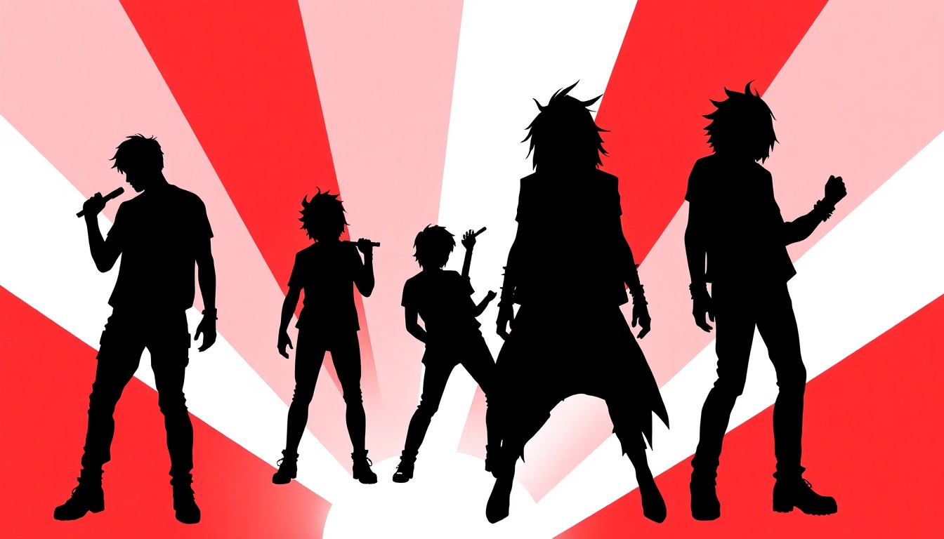 A minimalist, abstract illustration featuring bold, jagged black silhouettes against a high-contrast red and white background, conceptually representing the emo and pop punk music genres.