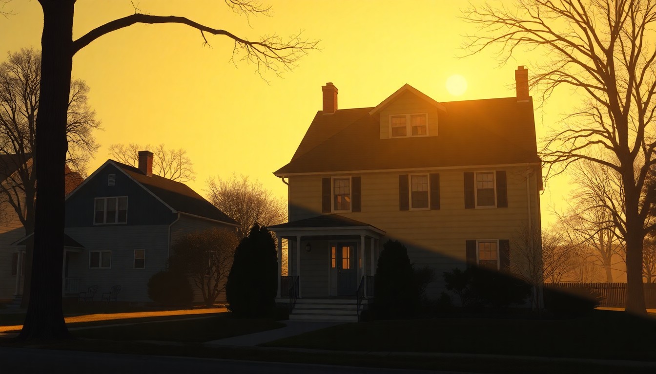 A nostalgic, cinematic painting of a modest two-story house in a quiet suburban neighborhood, bathed in warm, golden sunlight and deep shadows, conceptually representing the pope's humble origins and personal ties to Illinois.