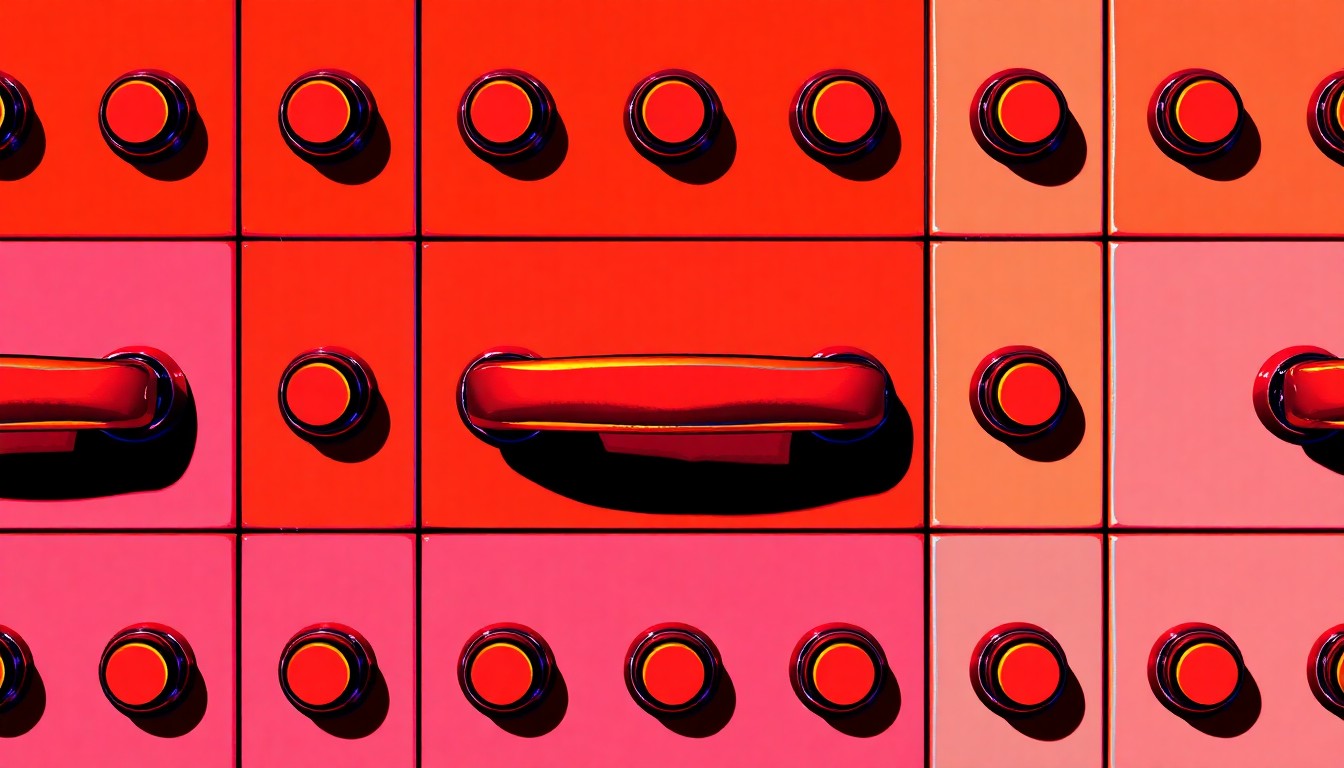A highly stylized, abstract grid of brightly colored, silkscreen-like kitchen cabinet door handles in neon shades of pink, green, and blue, conceptually representing the design principles of balancing function and form in kitchen cabinetry.