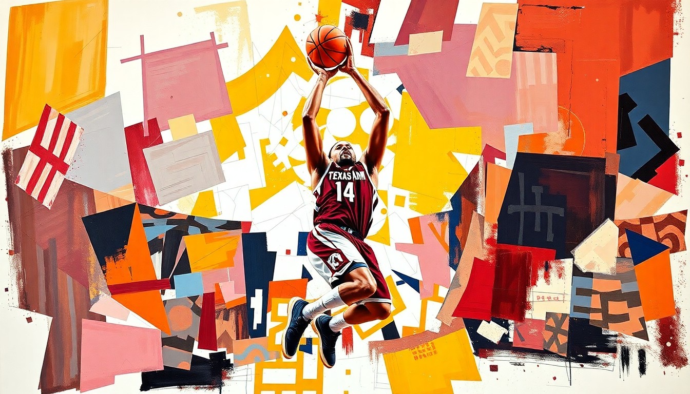 A cubist-style painting depicting a basketball player shooting a 3-pointer, with the player's body and the basketball broken down into sharp, overlapping geometric shapes in vibrant maroon and white colors.