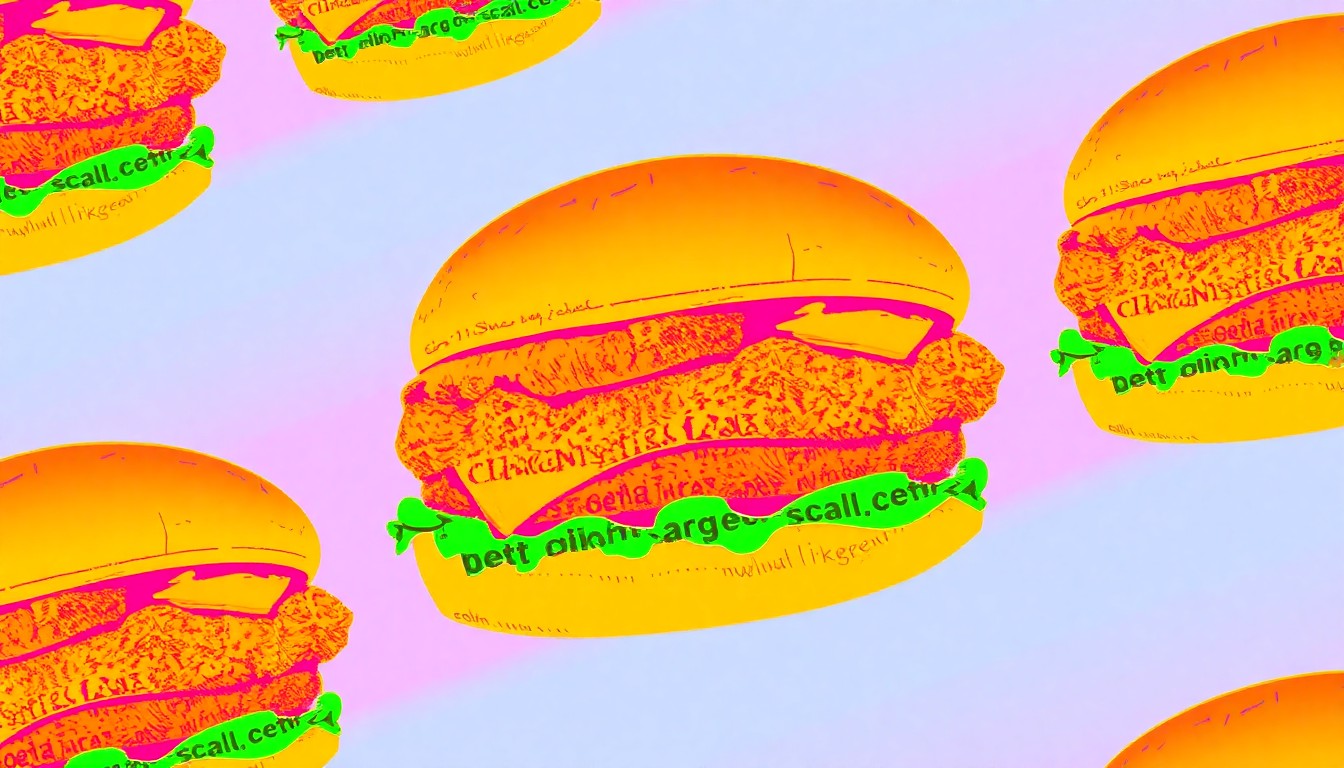 A brightly colored, high-contrast silkscreen print of a giant chicken sandwich repeated in a tight grid pattern, using a vibrant neon color palette to capture the essence of a beloved local restaurant.