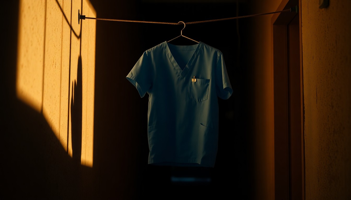 An extreme close-up of a solitary medical scrub top hanging on a clothesline in a dimly lit urban alleyway, the fabric bathed in warm, diagonal sunlight and deep shadows, conceptually illustrating the emotional toll on healthcare workers as hospitals face closures.