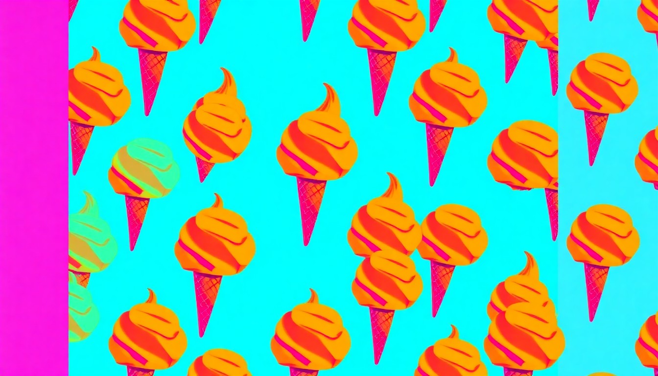 A bold, abstract illustration featuring a single, iconic ice cream scoop shape repeated in a grid pattern using vibrant neon pink, orange, and turquoise colors, conceptually representing the shop's new dairy-free offerings.