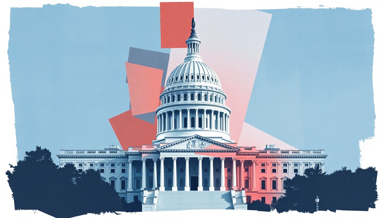 A dynamic, fractured painting of the U.S. Capitol building in shades of blue, grey, and red, conceptually representing the evolving nature of cryptocurrency regulation in the political sphere.