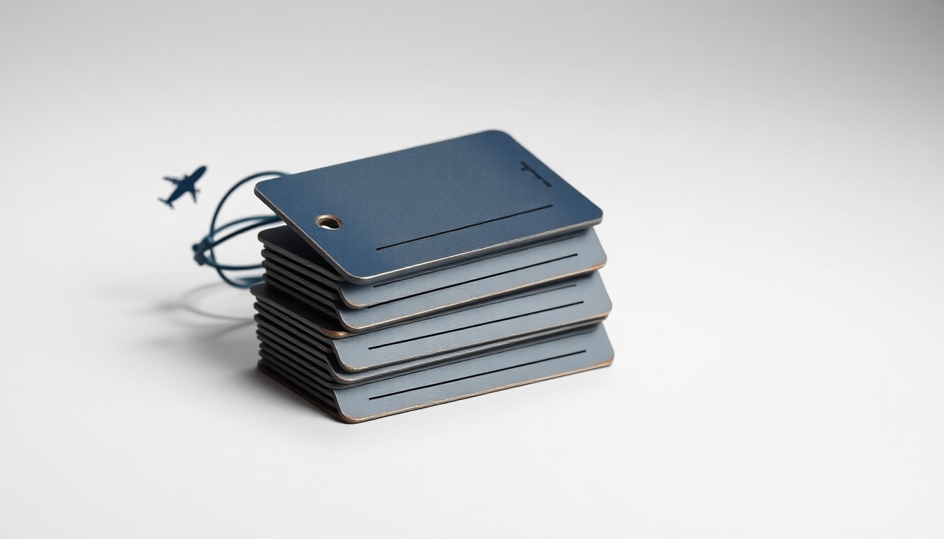 A high-end, photorealistic studio still-life photograph showing a stack of airline luggage tags in muted tones of gray and navy blue, arranged elegantly on a clean, monochromatic background with dramatic lighting and shadows, symbolizing the abstract financial challenges facing the airline industry.