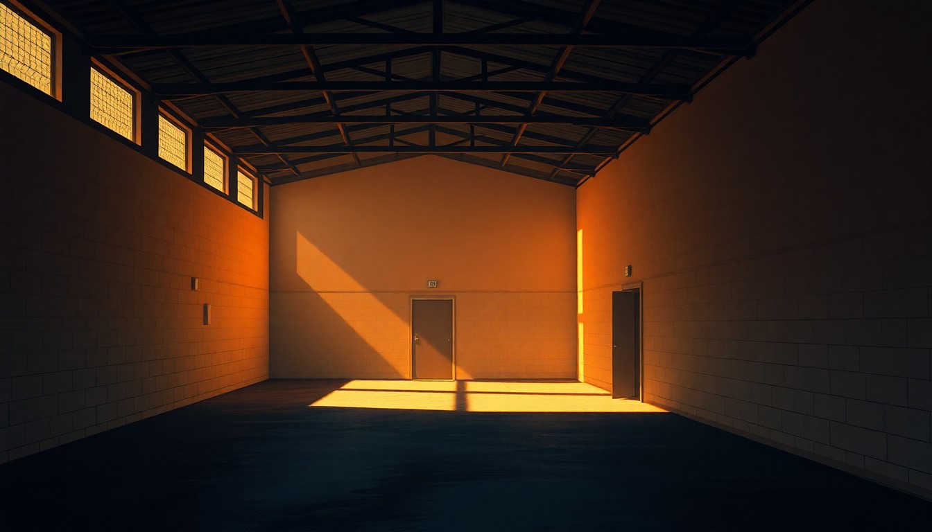 A nostalgic, cinematic painting of an empty, sun-drenched animal shelter building, conveying a sense of transition and uncertainty as officials work to find a new arrangement for housing stray pets.