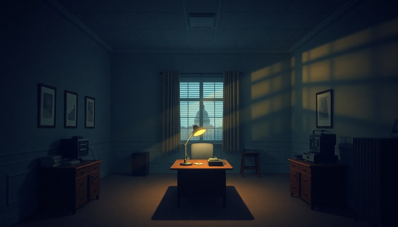 A moody, cinematic painting of a dimly lit government office at night, with a lone desk lamp casting warm, diagonal shadows across the room, conceptually representing the political uncertainty and high stakes surrounding efforts to remove a president from power.