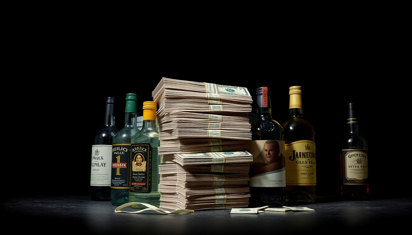 An extreme close-up photograph of a stack of cash and liquor bottles against a pitch-black background, lit by a harsh, direct camera flash, conceptually representing the financial and legal issues surrounding the venue's shutdown.