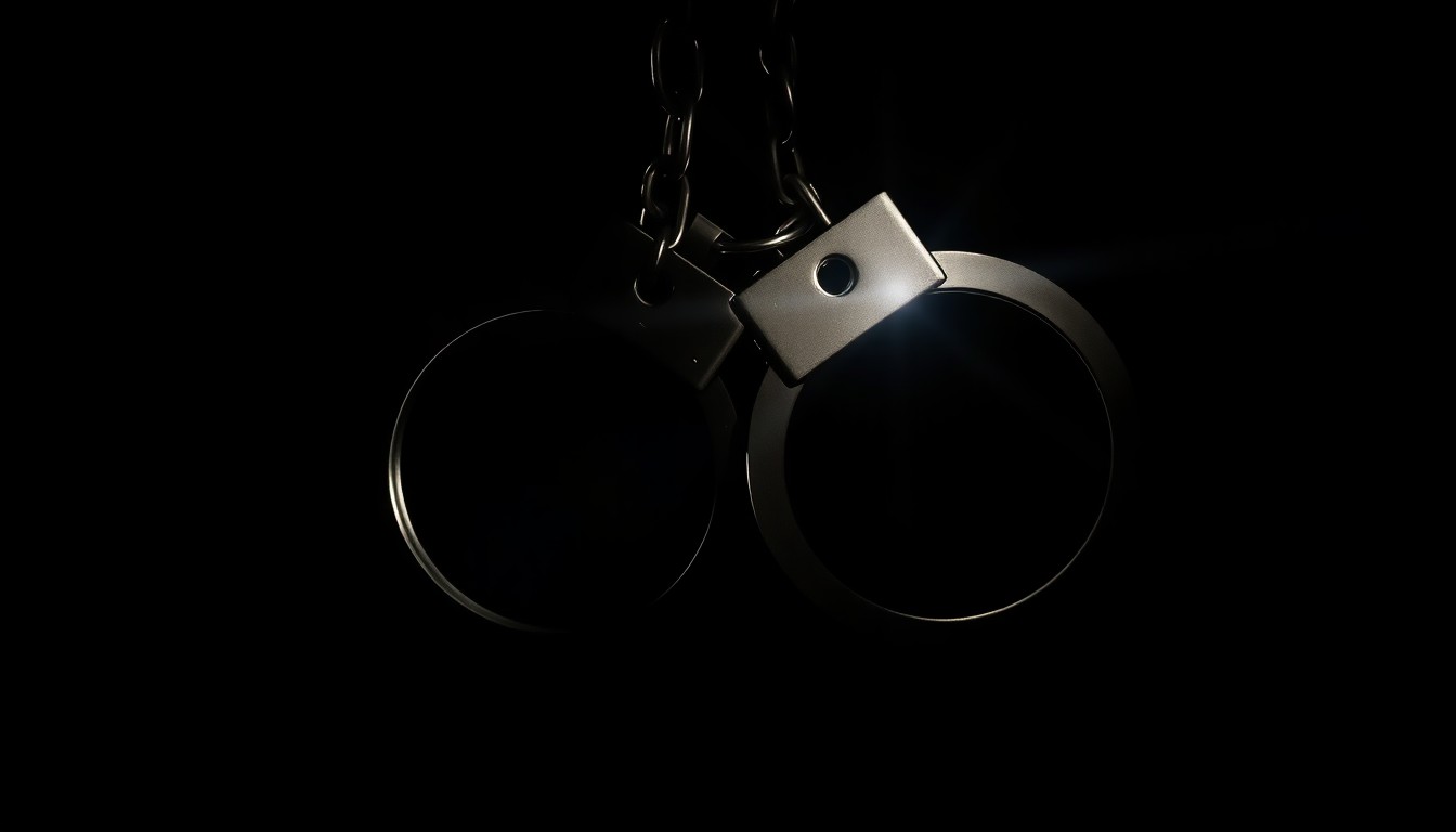 An extreme close-up photograph of a pair of handcuffs against a pitch-black background, lit by a harsh, direct camera flash, conceptually representing the serious legal consequences of child sexual abuse allegations.