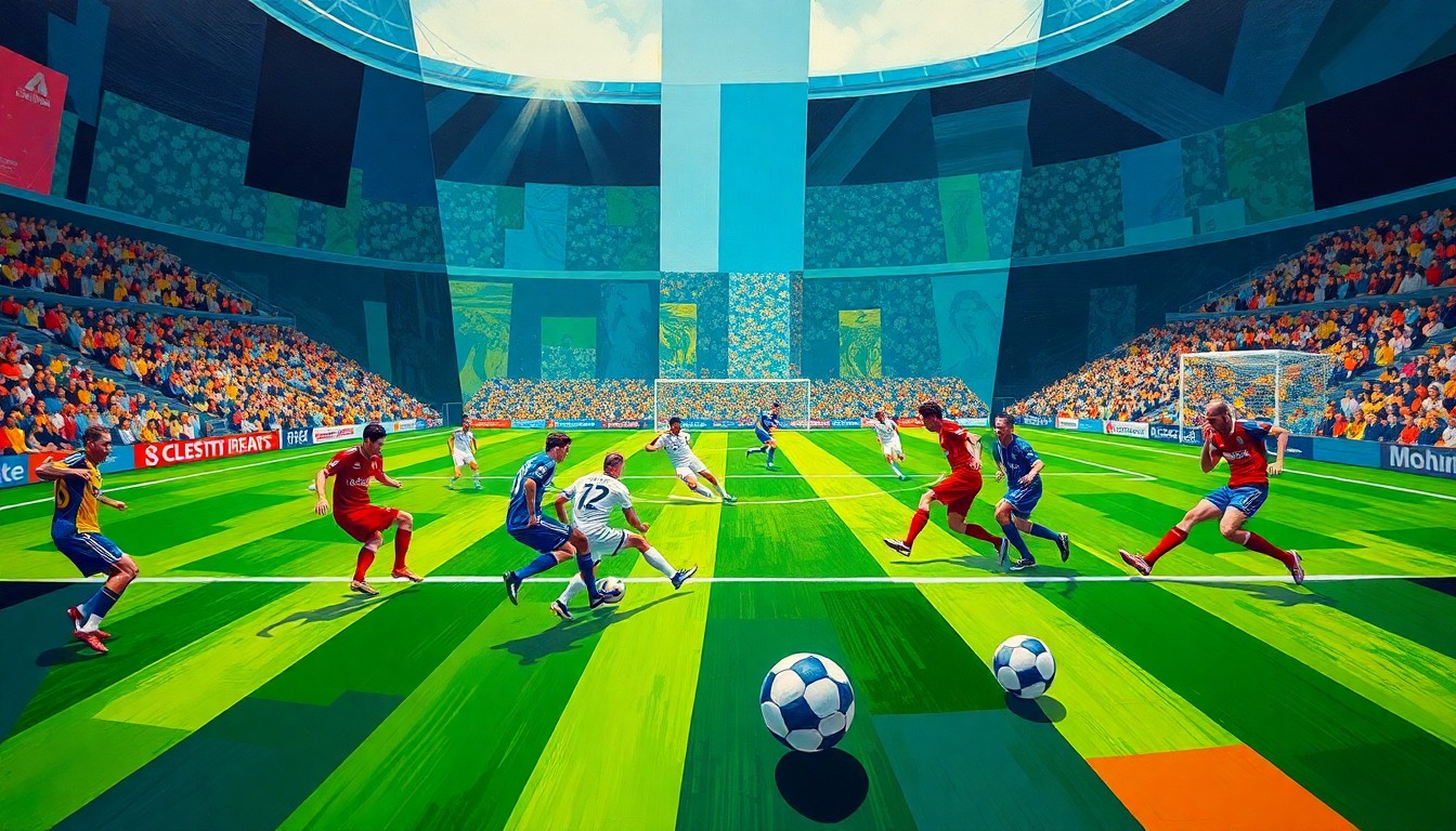A fractured, multi-perspective painting depicting the intense action of a high school soccer match, with players, balls, and the field broken down into sharp, overlapping geometric shapes and planes of vibrant colors.
