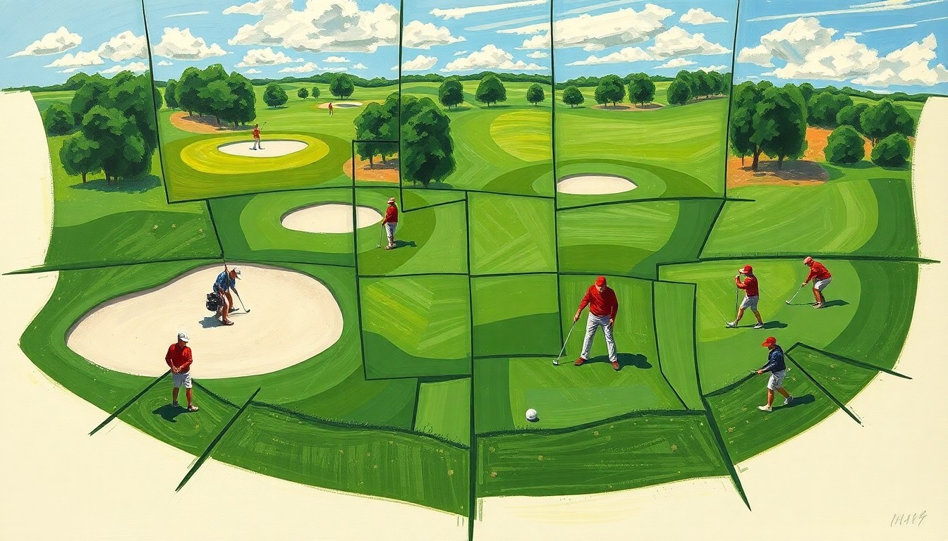 A fragmented, geometric painting depicting a middle school golf match, with overlapping planes of green fairways, sand traps, and golfers in motion, conveying the dynamic energy of the competition.