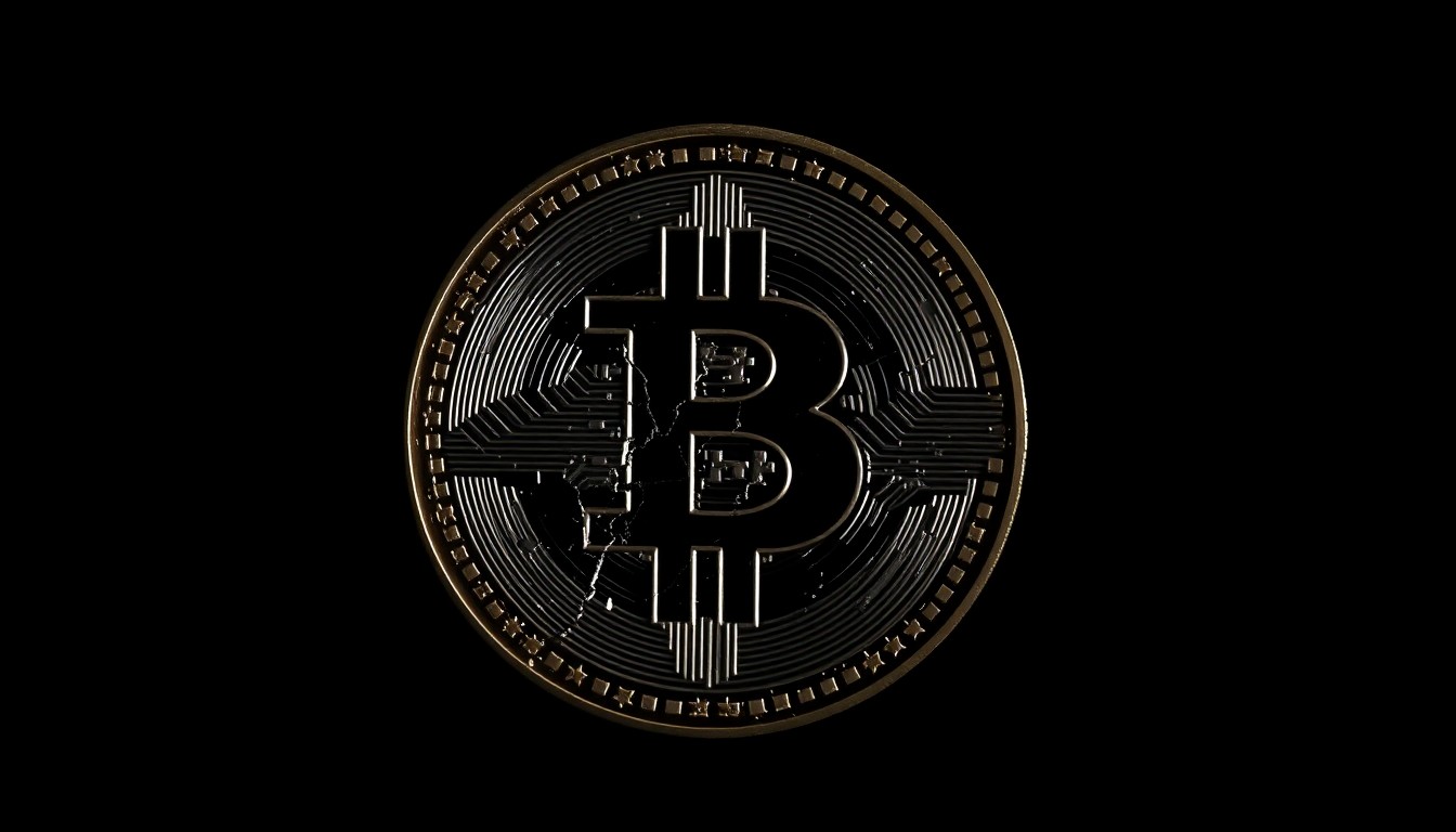 An extreme close-up photograph of a cracked and damaged cryptocurrency coin, conceptually representing the financial harm caused by fraudulent crypto schemes.