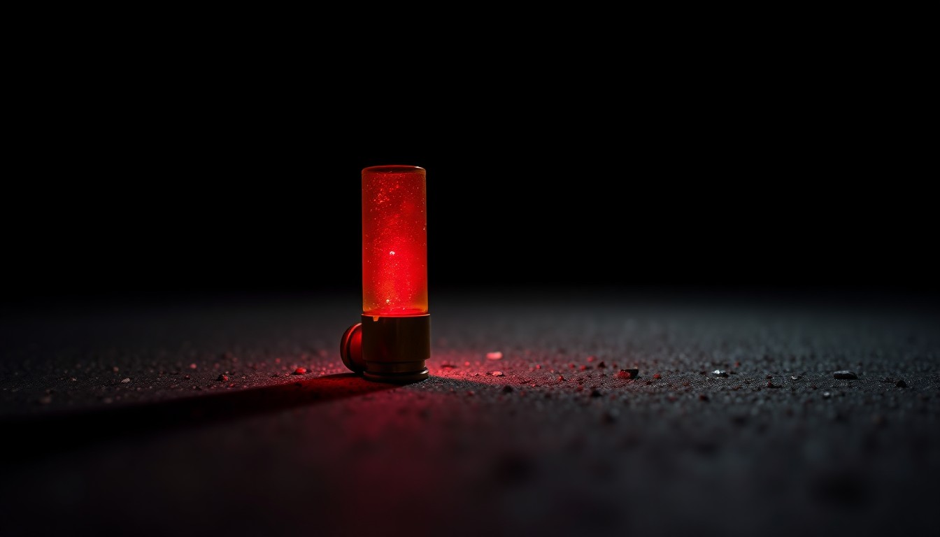 An extreme close-up photograph of a single bullet casing on the ground, reflecting a faint red glow under harsh, direct lighting, conceptually representing the aftermath of a shooting incident.